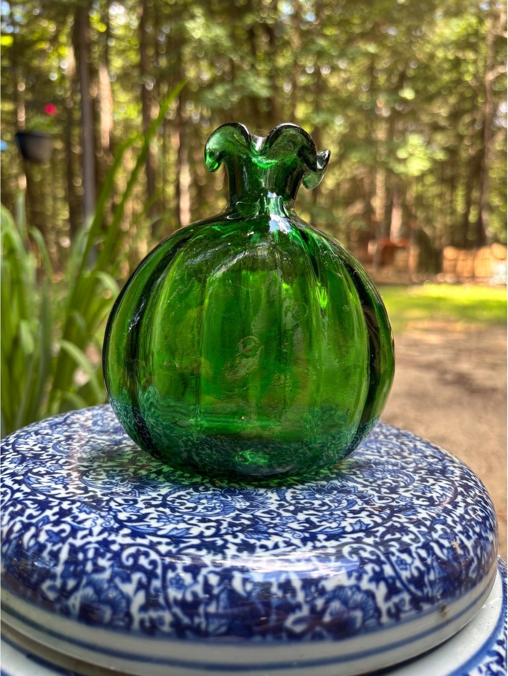 Vintage Emerald Green Art Glass Pumpkin Vase, Ruffled Rim, Blenko Style